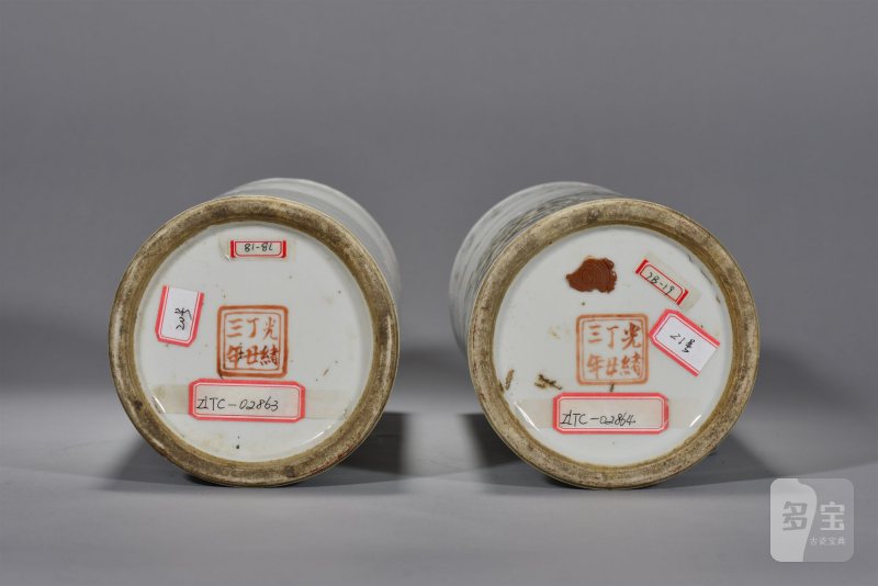 清光绪 晓云氏浅绛岁寒三友图帽筒一对 - 图5